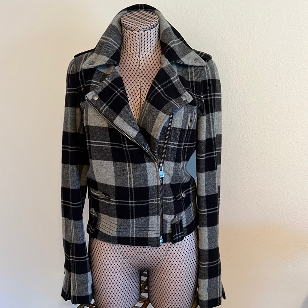Pink waist length pea coat, cotton blend fabric black plaid print one of a kind